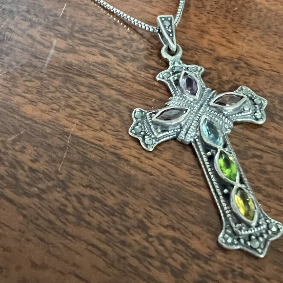Sterling Silver .925 multi gemstone cross pendant necklace - Picture 5 of 11